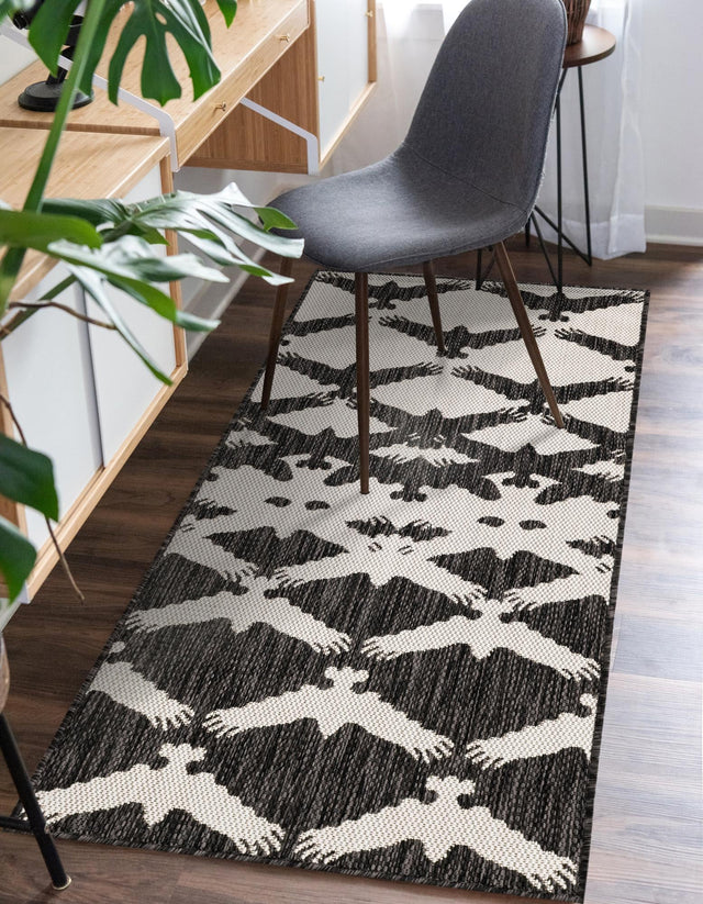 Black and White 2' x 6' 1 Outdoor Modern Runner Area Rug Weather Resistant for Patio, Deck, Terrace, Balcony, Porch 100% Polypropylene Modern Outside Carpet for Sale at Rug Engine