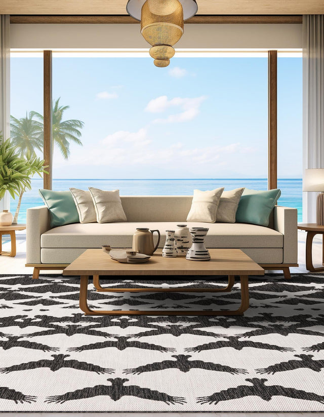 Black and White 10' x 10' Outdoor Modern Square Area Rug Weather Resistant for Patio, Deck, Terrace, Balcony, Porch 100% Polypropylene Modern Outside Carpet for Sale at Rug Engine