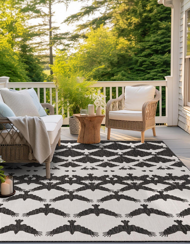 Black and White 10' x 10' Outdoor Modern Square Area Rug Weather Resistant for Patio, Deck, Terrace, Balcony, Porch 100% Polypropylene Modern Outside Carpet for Sale at Rug Engine