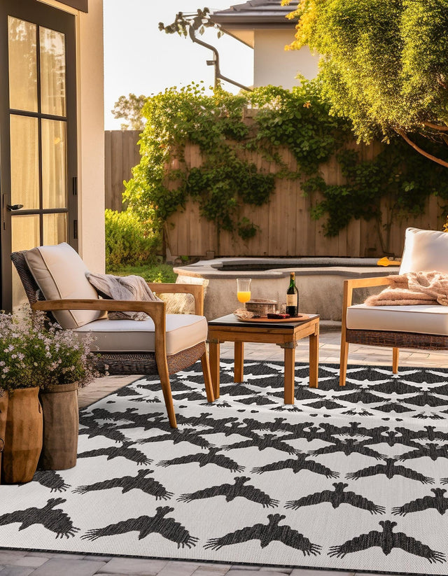 Black and White 10' x 10' Outdoor Modern Square Area Rug Weather Resistant for Patio, Deck, Terrace, Balcony, Porch 100% Polypropylene Modern Outside Carpet for Sale at Rug Engine