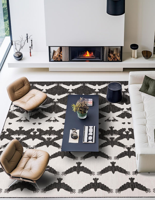 Black and White 12' x 12' Outdoor Modern Square Area Rug Weather Resistant for Patio, Deck, Terrace, Balcony, Porch 100% Polypropylene Modern Outside Carpet for Sale at Rug Engine
