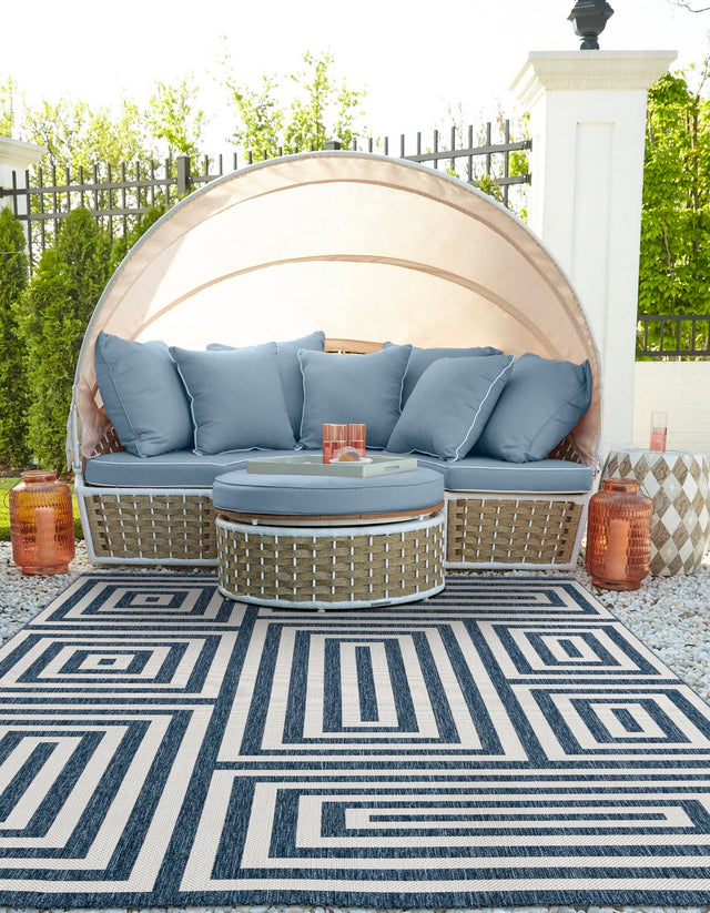 Blue 7' 10 x 10' Outdoor Modern Rectangle Area Rug Weather Resistant for Patio, Deck, Terrace, Balcony, Porch 100% Polypropylene Modern Outside Carpet for Sale at Rug Engine