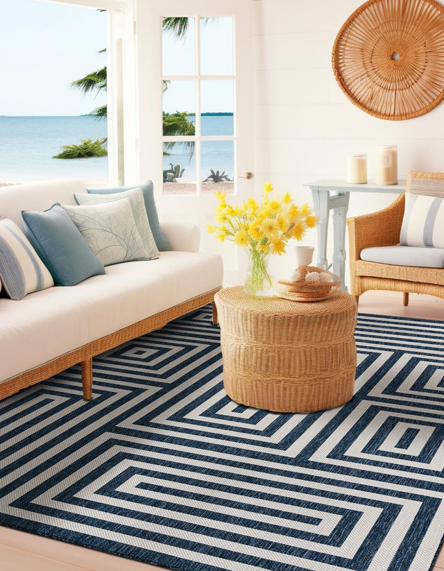 Blue 4' 1 x 6' 1 Outdoor Modern Rectangle Area Rug Weather Resistant for Patio, Deck, Terrace, Balcony, Porch 100% Polypropylene Modern Outside Carpet for Sale at Rug Engine
