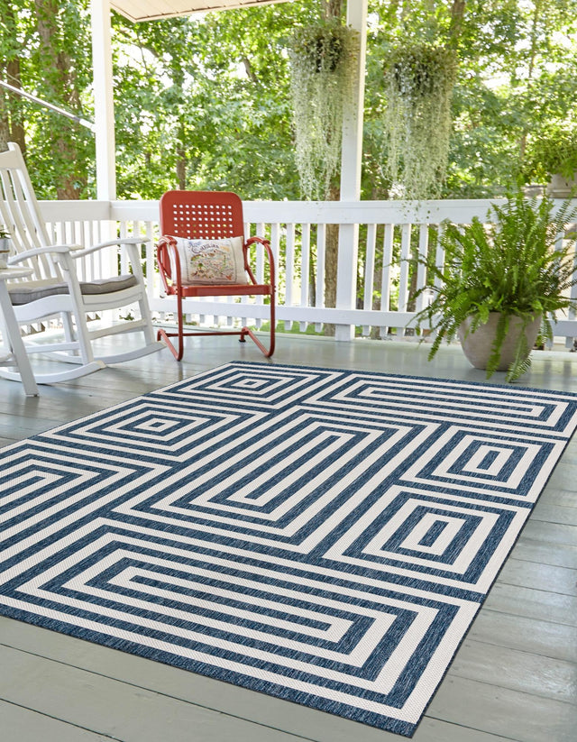 Blue 4' 1 x 6' 1 Outdoor Modern Rectangle Area Rug Weather Resistant for Patio, Deck, Terrace, Balcony, Porch 100% Polypropylene Modern Outside Carpet for Sale at Rug Engine