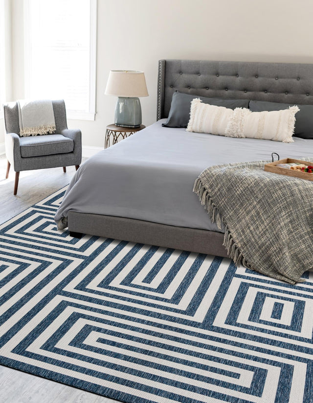 Blue 4' 1 x 6' 1 Outdoor Modern Rectangle Area Rug Weather Resistant for Patio, Deck, Terrace, Balcony, Porch 100% Polypropylene Modern Outside Carpet for Sale at Rug Engine