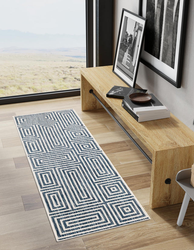 Blue 2' x 4' 1 Outdoor Modern Runner Area Rug Weather Resistant for Patio, Deck, Terrace, Balcony, Porch 100% Polypropylene Modern Outside Carpet for Sale at Rug Engine