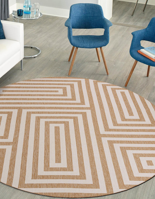 Taupe 12' x 12' Outdoor Modern Round Area Rug Weather Resistant for Patio, Deck, Terrace, Balcony, Porch 100% Polypropylene Modern Outside Carpet for Sale at Rug Engine