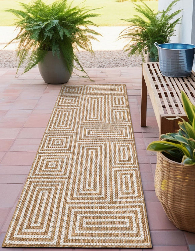 Taupe 2' 7 x 12' Outdoor Modern Runner Area Rug Weather Resistant for Patio, Deck, Terrace, Balcony, Porch 100% Polypropylene Modern Outside Carpet for Sale at Rug Engine