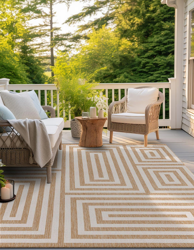 Taupe 7' 10 x 7' 10 Outdoor Modern Square Area Rug Weather Resistant for Patio, Deck, Terrace, Balcony, Porch 100% Polypropylene Modern Outside Carpet for Sale at Rug Engine