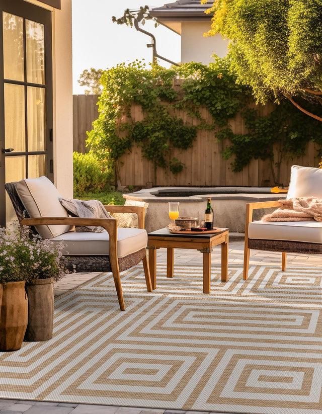 Taupe 10' x 10' Outdoor Modern Square Area Rug Weather Resistant for Patio, Deck, Terrace, Balcony, Porch 100% Polypropylene Modern Outside Carpet for Sale at Rug Engine