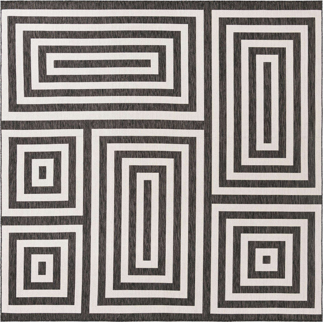 Black and White 10' x 10' Outdoor Modern Square Area Rug Weather Resistant for Patio, Deck, Terrace, Balcony, Porch 100% Polypropylene Modern Outside Carpet for Sale at Rug Engine