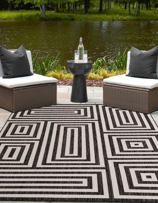 Black and White 9' x 12' Outdoor Modern Rectangle Area Rug Weather Resistant for Patio, Deck, Terrace, Balcony, Porch 100% Polypropylene Modern Outside Carpet for Sale at Rug Engine