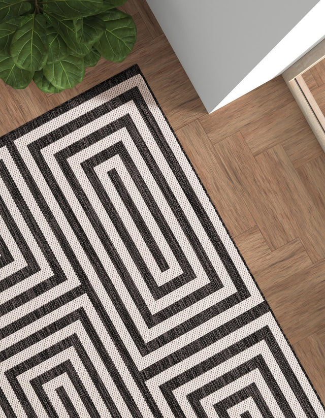 Black and White 5' 3 x 8' Outdoor Modern Rectangle Area Rug Weather Resistant for Patio, Deck, Terrace, Balcony, Porch 100% Polypropylene Modern Outside Carpet for Sale at Rug Engine