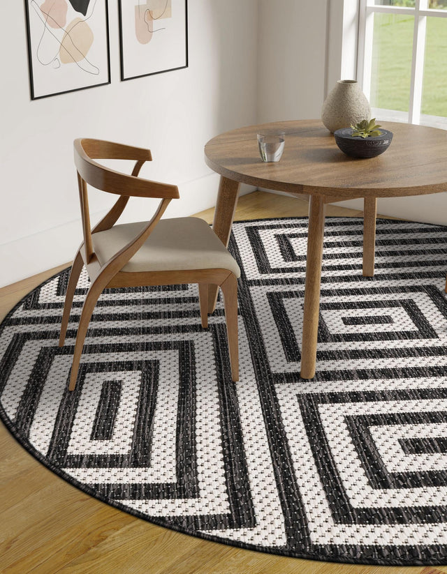 Black and White 6' 1 x 6' 1 Outdoor Modern Round Area Rug Weather Resistant for Patio, Deck, Terrace, Balcony, Porch 100% Polypropylene Modern Outside Carpet for Sale at Rug Engine