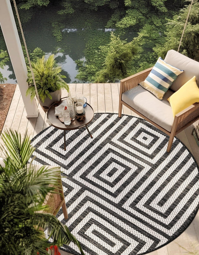 Black and White 6' 1 x 6' 1 Outdoor Modern Round Area Rug Weather Resistant for Patio, Deck, Terrace, Balcony, Porch 100% Polypropylene Modern Outside Carpet for Sale at Rug Engine
