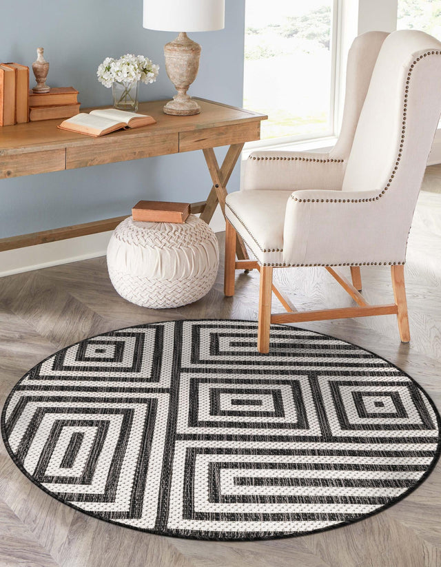 Black and White 6' 1 x 6' 1 Outdoor Modern Round Area Rug Weather Resistant for Patio, Deck, Terrace, Balcony, Porch 100% Polypropylene Modern Outside Carpet for Sale at Rug Engine