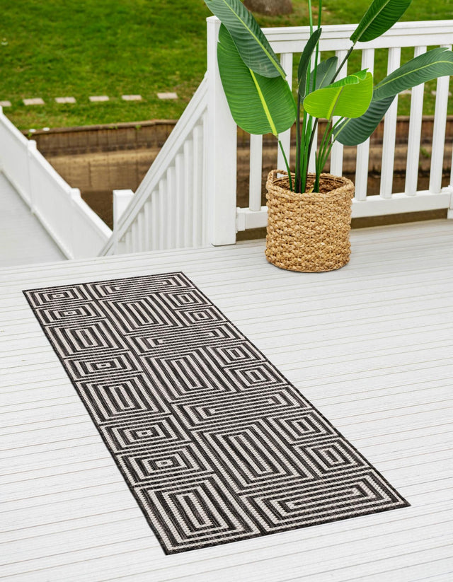 Black and White 2' x 6' 1 Outdoor Modern Runner Area Rug Weather Resistant for Patio, Deck, Terrace, Balcony, Porch 100% Polypropylene Modern Outside Carpet for Sale at Rug Engine