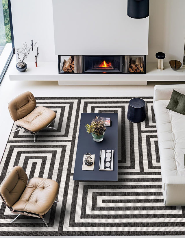 Black and White 10' x 10' Outdoor Modern Square Area Rug Weather Resistant for Patio, Deck, Terrace, Balcony, Porch 100% Polypropylene Modern Outside Carpet for Sale at Rug Engine