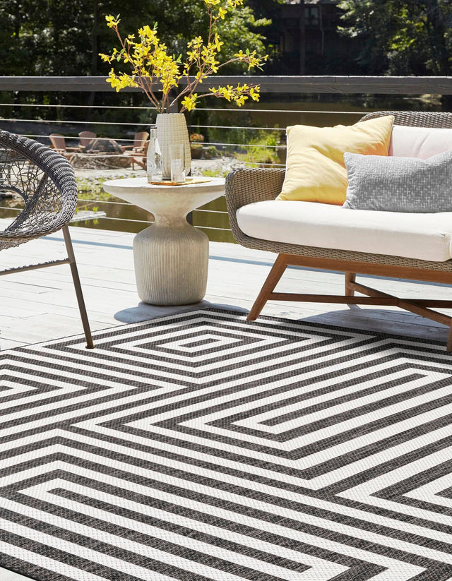 Black and White 7' 10 x 7' 10 Outdoor Modern Square Area Rug Weather Resistant for Patio, Deck, Terrace, Balcony, Porch 100% Polypropylene Modern Outside Carpet for Sale at Rug Engine