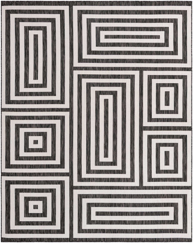 Black and White 7' 10 x 10' Outdoor Modern Rectangle Area Rug Weather Resistant for Patio, Deck, Terrace, Balcony, Porch 100% Polypropylene Modern Outside Carpet for Sale at Rug Engine