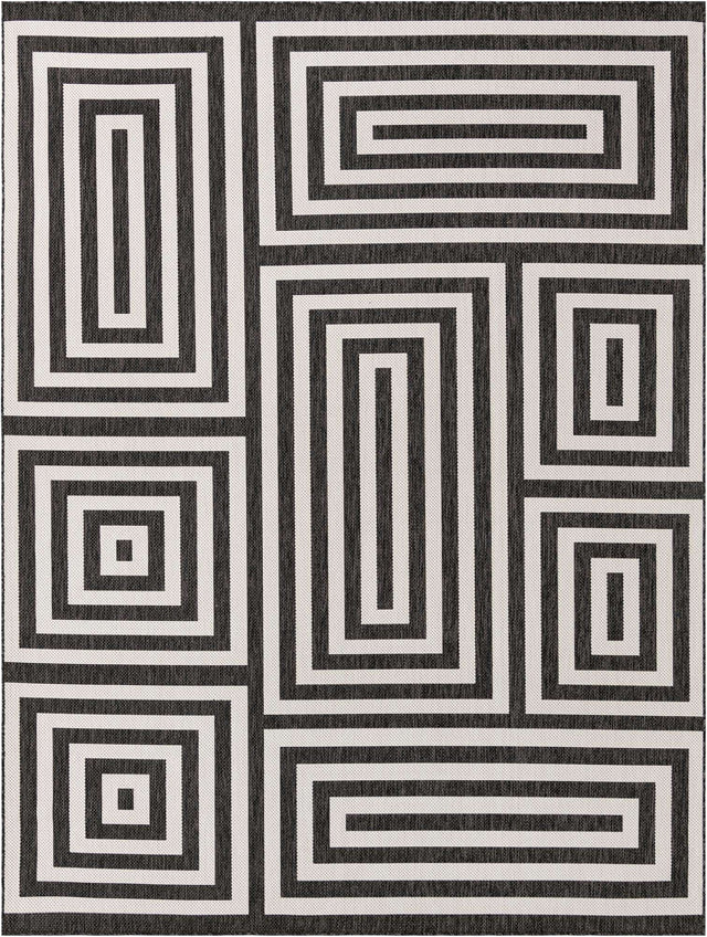 Black and White 9' x 12' Outdoor Modern Rectangle Area Rug Weather Resistant for Patio, Deck, Terrace, Balcony, Porch 100% Polypropylene Modern Outside Carpet for Sale at Rug Engine