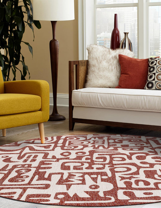 Rust Red 6' 1 x 6' 1 Outdoor Modern Round Area Rug Weather Resistant for Patio, Deck, Terrace, Balcony, Porch 100% Polypropylene Modern Outside Carpet for Sale at Rug Engine