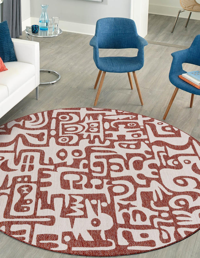 Rust Red 6' 1 x 6' 1 Outdoor Modern Round Area Rug Weather Resistant for Patio, Deck, Terrace, Balcony, Porch 100% Polypropylene Modern Outside Carpet for Sale at Rug Engine