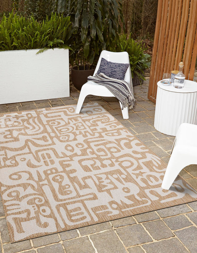 Taupe 5' 3 x 8' Outdoor Modern Rectangle Area Rug Weather Resistant for Patio, Deck, Terrace, Balcony, Porch 100% Polypropylene Modern Outside Carpet for Sale at Rug Engine