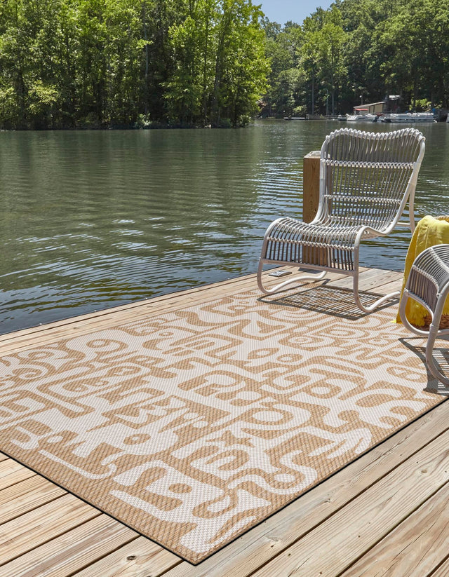Taupe 9' x 12' Outdoor Modern Rectangle Area Rug Weather Resistant for Patio, Deck, Terrace, Balcony, Porch 100% Polypropylene Modern Outside Carpet for Sale at Rug Engine