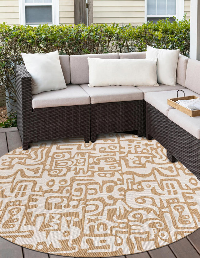 Taupe 10' x 10' Outdoor Modern Round Area Rug Weather Resistant for Patio, Deck, Terrace, Balcony, Porch 100% Polypropylene Modern Outside Carpet for Sale at Rug Engine