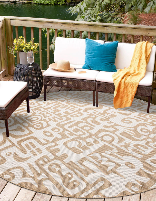 Taupe 12' x 12' Outdoor Modern Round Area Rug Weather Resistant for Patio, Deck, Terrace, Balcony, Porch 100% Polypropylene Modern Outside Carpet for Sale at Rug Engine