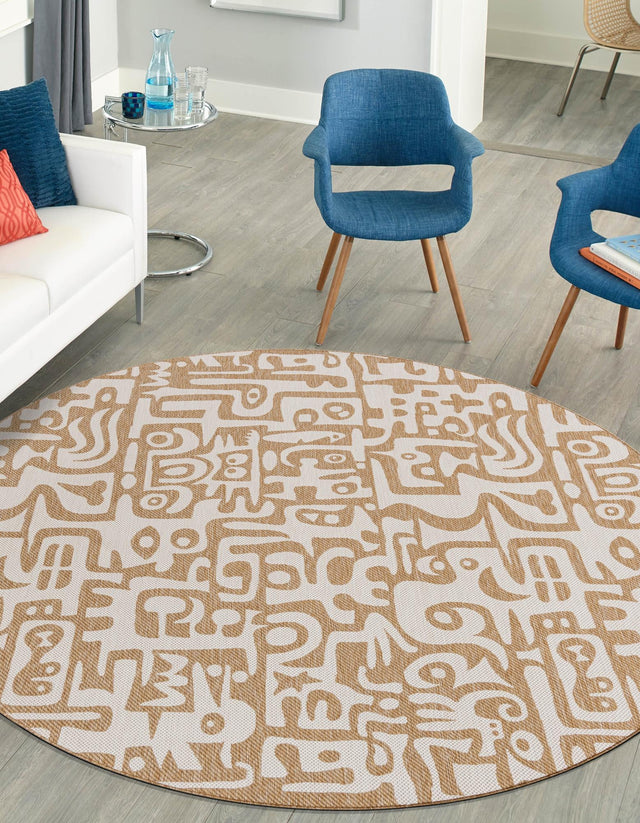 Taupe 12' x 12' Outdoor Modern Round Area Rug Weather Resistant for Patio, Deck, Terrace, Balcony, Porch 100% Polypropylene Modern Outside Carpet for Sale at Rug Engine