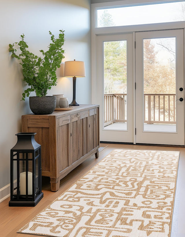 Taupe 2' 7 x 12' Outdoor Modern Runner Area Rug Weather Resistant for Patio, Deck, Terrace, Balcony, Porch 100% Polypropylene Modern Outside Carpet for Sale at Rug Engine