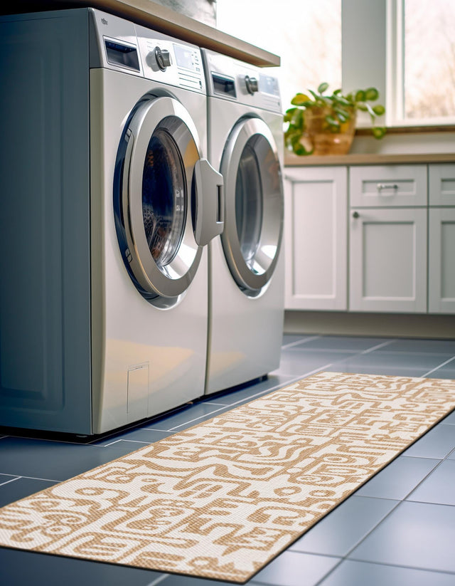 Taupe 2' x 4' 1 Outdoor Modern Runner Area Rug Weather Resistant for Patio, Deck, Terrace, Balcony, Porch 100% Polypropylene Modern Outside Carpet for Sale at Rug Engine
