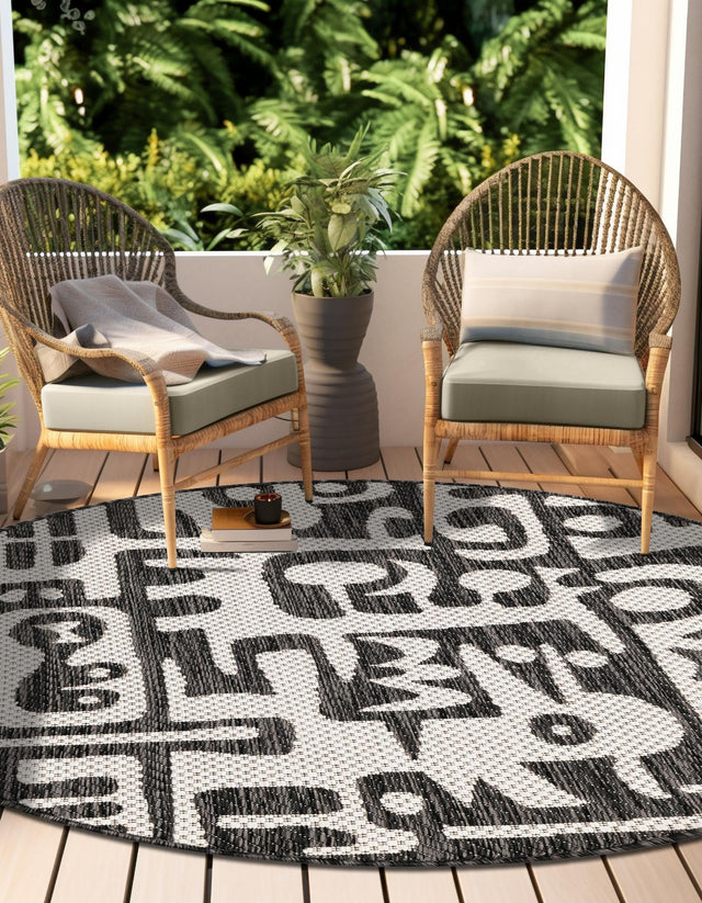 Black and White 3' 1 x 3' 1 Outdoor Modern Round Area Rug Weather Resistant for Patio, Deck, Terrace, Balcony, Porch 100% Polypropylene Modern Outside Carpet for Sale at Rug Engine
