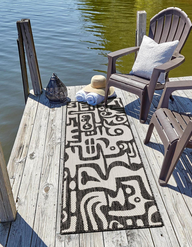 Black and White 2' x 5' 3 Outdoor Modern Runner Area Rug Weather Resistant for Patio, Deck, Terrace, Balcony, Porch 100% Polypropylene Modern Outside Carpet for Sale at Rug Engine