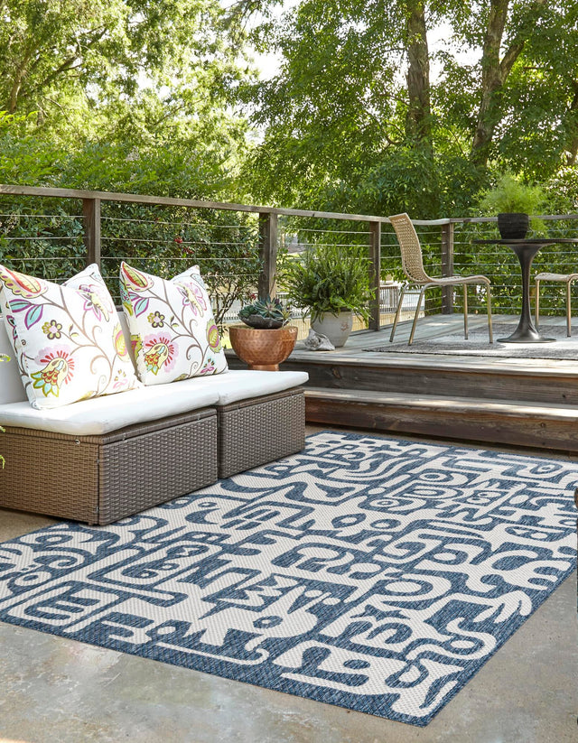Blue 4' 1 x 6' 1 Outdoor Modern Rectangle Area Rug Weather Resistant for Patio, Deck, Terrace, Balcony, Porch 100% Polypropylene Modern Outside Carpet for Sale at Rug Engine