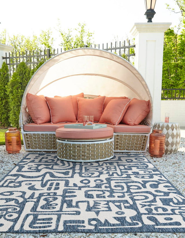 Blue 4' 1 x 6' 1 Outdoor Modern Rectangle Area Rug Weather Resistant for Patio, Deck, Terrace, Balcony, Porch 100% Polypropylene Modern Outside Carpet for Sale at Rug Engine