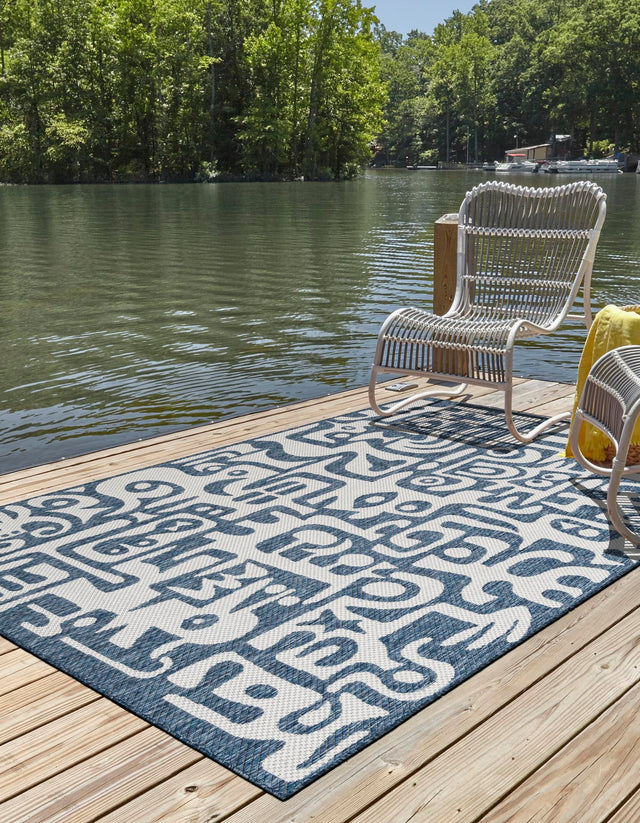 Blue 4' 1 x 6' 1 Outdoor Modern Rectangle Area Rug Weather Resistant for Patio, Deck, Terrace, Balcony, Porch 100% Polypropylene Modern Outside Carpet for Sale at Rug Engine