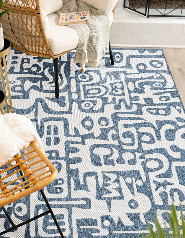 Blue 4' 1 x 6' 1 Outdoor Modern Rectangle Area Rug Weather Resistant for Patio, Deck, Terrace, Balcony, Porch 100% Polypropylene Modern Outside Carpet for Sale at Rug Engine