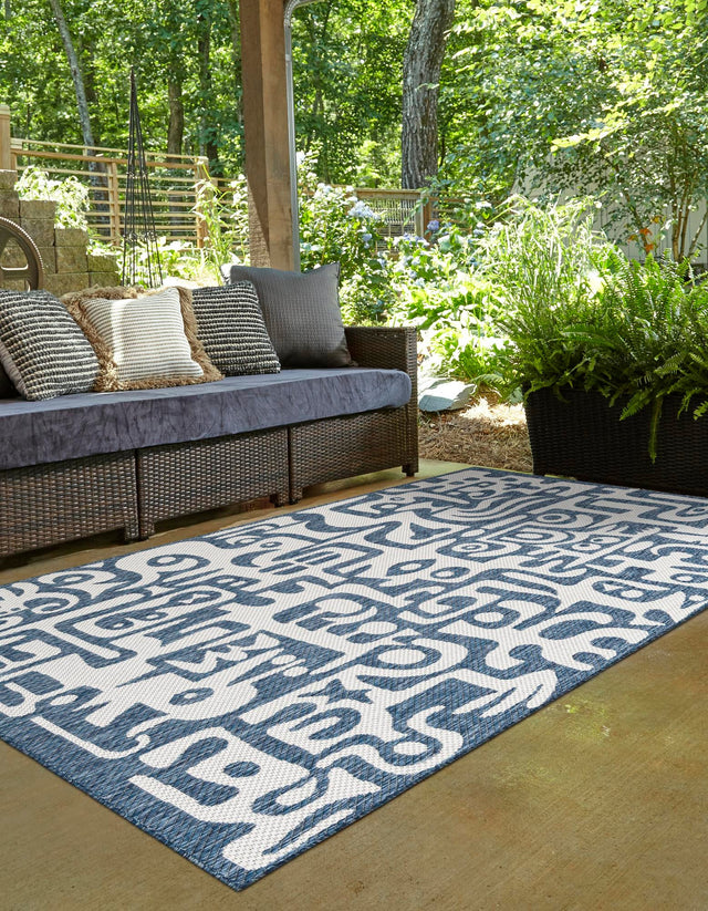 Blue 4' 1 x 6' 1 Outdoor Modern Rectangle Area Rug Weather Resistant for Patio, Deck, Terrace, Balcony, Porch 100% Polypropylene Modern Outside Carpet for Sale at Rug Engine