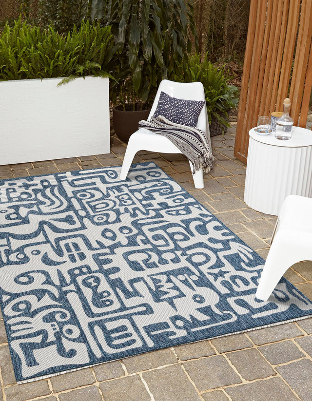 Blue 4' 1 x 6' 1 Outdoor Modern Rectangle Area Rug Weather Resistant for Patio, Deck, Terrace, Balcony, Porch 100% Polypropylene Modern Outside Carpet for Sale at Rug Engine