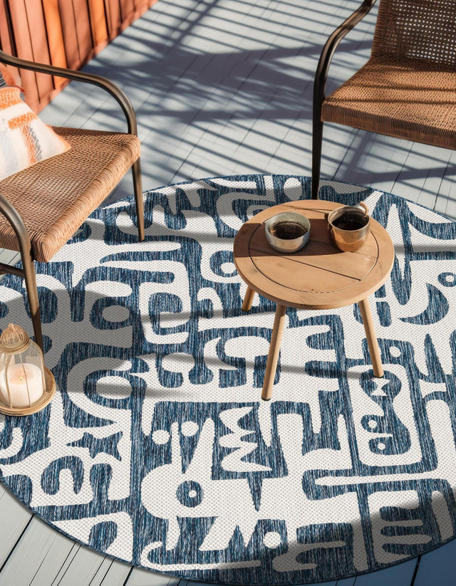 Blue 7' 10 x 7' 10 Outdoor Modern Round Area Rug Weather Resistant for Patio, Deck, Terrace, Balcony, Porch 100% Polypropylene Modern Outside Carpet for Sale at Rug Engine