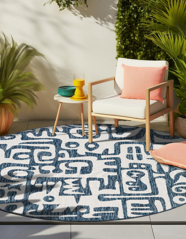 Blue 12' x 12' Outdoor Modern Round Area Rug Weather Resistant for Patio, Deck, Terrace, Balcony, Porch 100% Polypropylene Modern Outside Carpet for Sale at Rug Engine