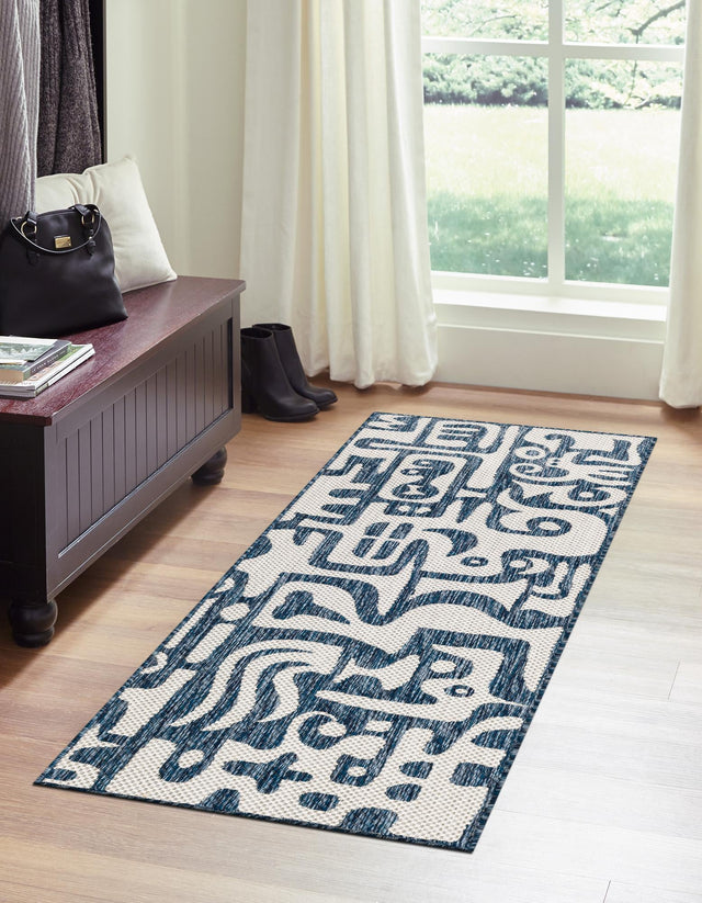 Blue 2' x 4' 1 Outdoor Modern Runner Area Rug Weather Resistant for Patio, Deck, Terrace, Balcony, Porch 100% Polypropylene Modern Outside Carpet for Sale at Rug Engine
