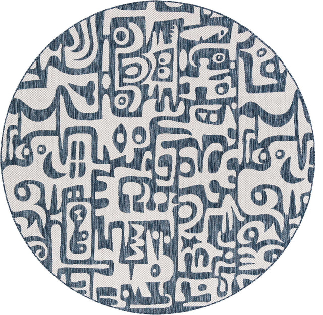 Blue 7' 10 x 7' 10 Outdoor Modern Round Area Rug Weather Resistant for Patio, Deck, Terrace, Balcony, Porch 100% Polypropylene Modern Outside Carpet for Sale at Rug Engine