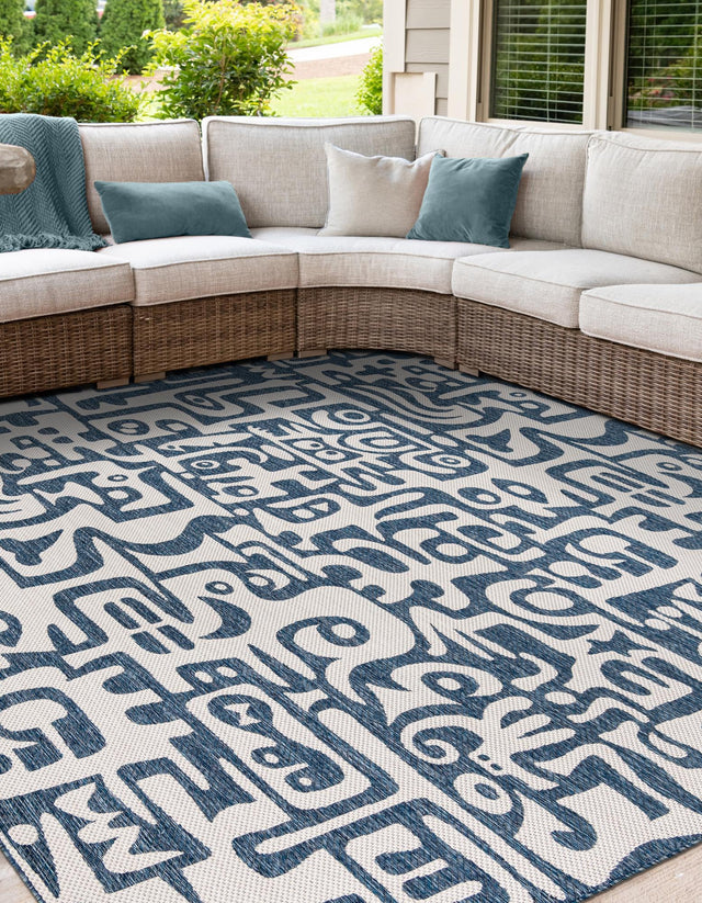 Blue 12' x 12' Outdoor Modern Square Area Rug Weather Resistant for Patio, Deck, Terrace, Balcony, Porch 100% Polypropylene Modern Outside Carpet for Sale at Rug Engine