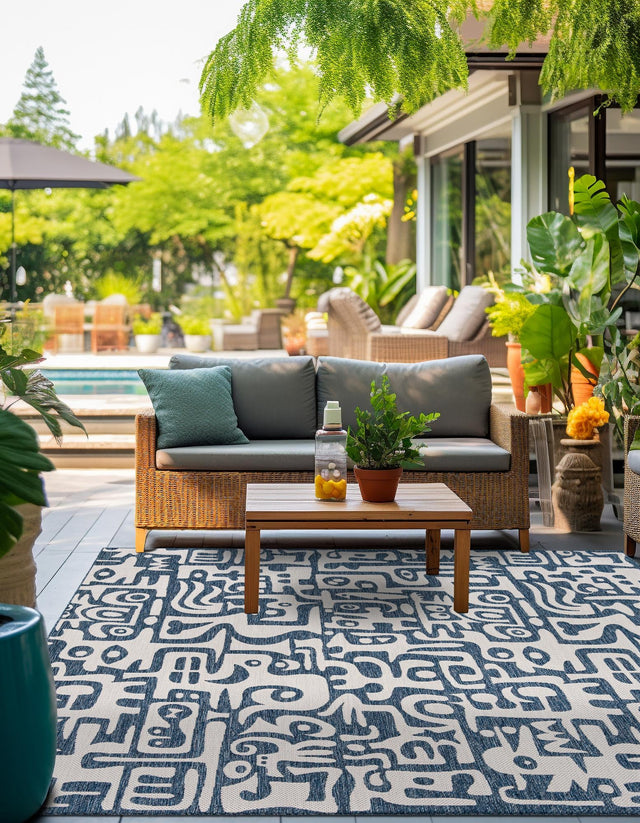 Blue 10' x 10' Outdoor Modern Square Area Rug Weather Resistant for Patio, Deck, Terrace, Balcony, Porch 100% Polypropylene Modern Outside Carpet for Sale at Rug Engine