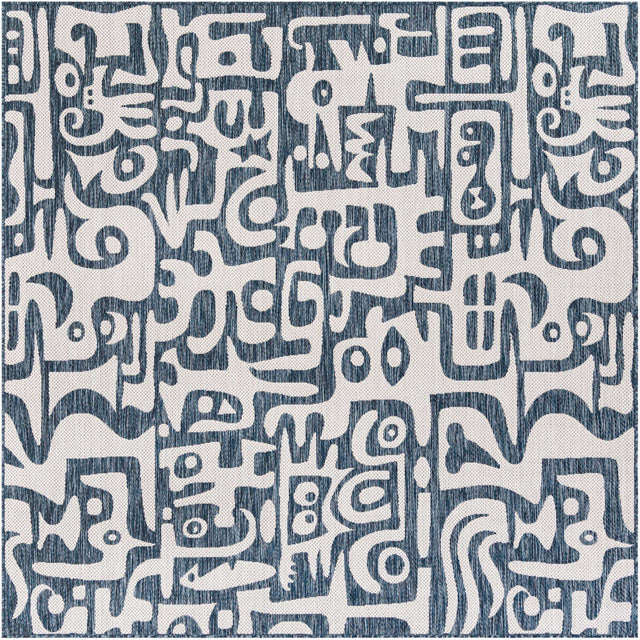Blue 7' 10 x 7' 10 Outdoor Modern Square Area Rug Weather Resistant for Patio, Deck, Terrace, Balcony, Porch 100% Polypropylene Modern Outside Carpet for Sale at Rug Engine