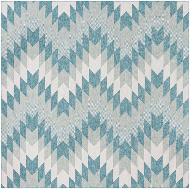 Aqua 10' x 10' Outdoor Modern Square Area Rug Weather Resistant for Patio, Deck, Terrace, Balcony, Porch 100% Polypropylene Modern Outside Carpet for Sale at Rug Engine